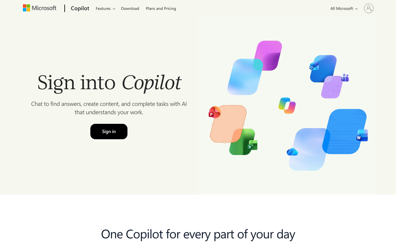 bing.com/chat を開いた先。copilot.com の「Sign into Copilot」の画面（筆者の10月8日の画面では英語）