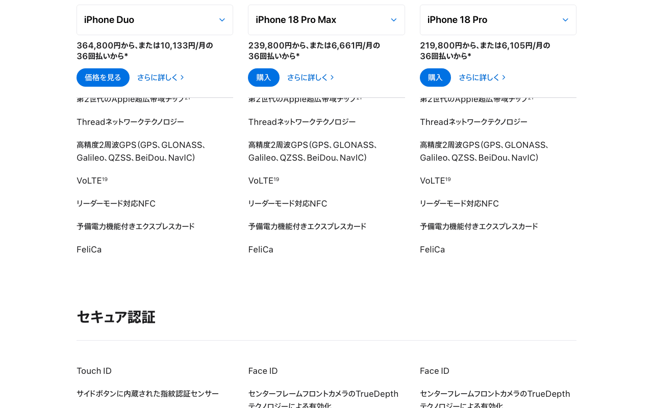 AppleのiPhone比較ページの仕様欄。リーダーモード対応NFC、予備電力機能付きエクスプレスカード、FeliCaの3行が並ぶ(2026年10月13日2時43分に筆者が撮影)