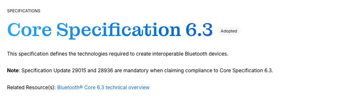 Bluetooth SIGのCore Specification 6.3のページの上部。見出しの横に「Adopted」の表示がある（筆者が2026年10月13日2時58分に撮影）