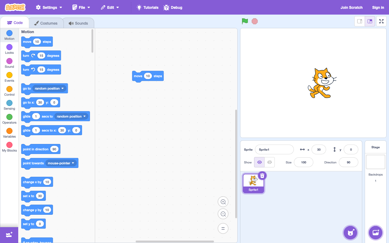 Scratchのエディターで「move 10 steps」のブロックを3回クリックし、右側の情報欄でネコの位置xが30になった画面(筆者撮影・2026年10月8日5時47分)