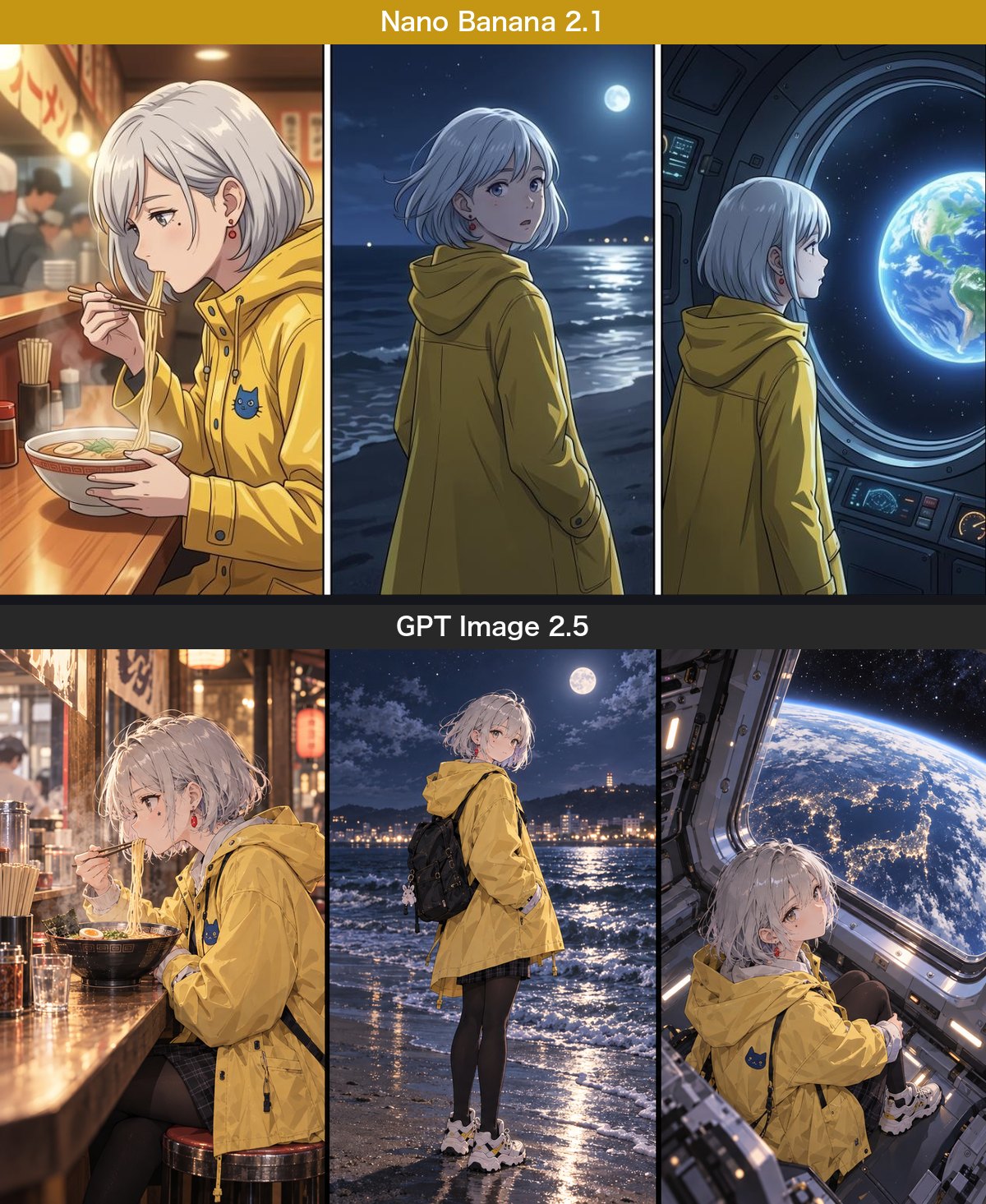 同じキャラの3コマ。上がNano Banana 2.1（画面撮影）、下がGPT Image 2.5