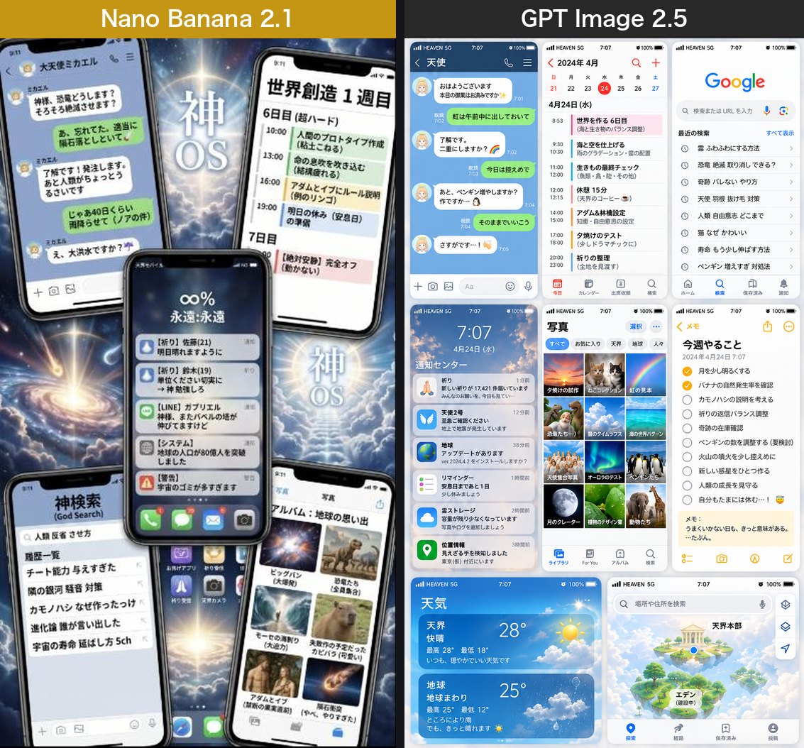 神様のスマホの画面集。左がNano Banana 2.1（画面撮影）、右がGPT Image 2.5