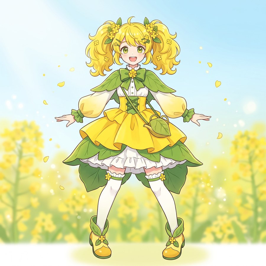Nano Banana 2.1が「なのばなちゃん」という名前だけから作ったキャラクター。黄色いツインテールに菜の花の髪飾り、葉のケープ（AI時短ラボがGoogle AI Studioで生成）