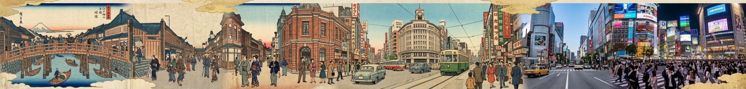 Nano Banana 2.1に8対1で描かせた絵巻。左端は浮世絵風の日本橋と富士山、右端は写真風の渋谷スクランブル交差点（AI時短ラボがGoogle AI Studioで生成・2026年10月7日）