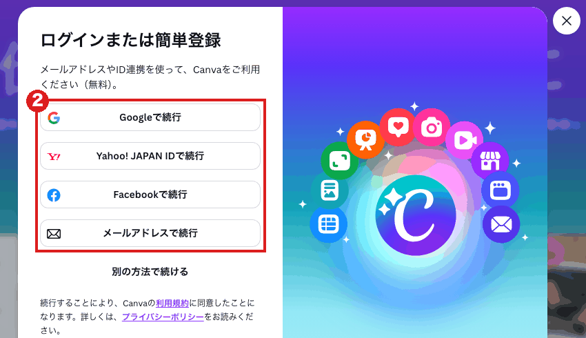 Canvaの「ログインまたは簡単登録」画面（パソコン）。Google・Yahoo! JAPAN ID・Facebook・メールアドレスの4つのボタンを赤枠②で囲んでいる
