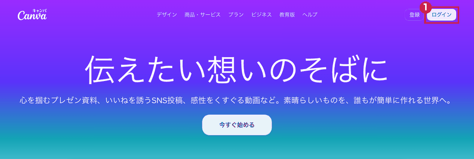 Canvaのトップ画面（パソコン）。右上の「ログイン」ボタンを赤枠①で示している