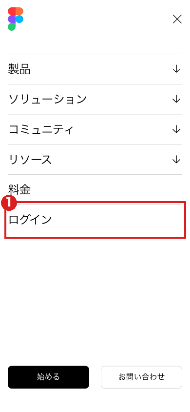 スマホの大きさで開いたFigmaの三本線メニュー。「料金」の下の「ログイン」を赤枠①で示している