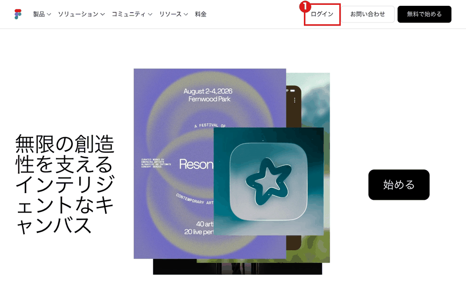 Figmaの日本語トップ画面（パソコン）。右上の「ログイン」ボタンを赤枠①で示している