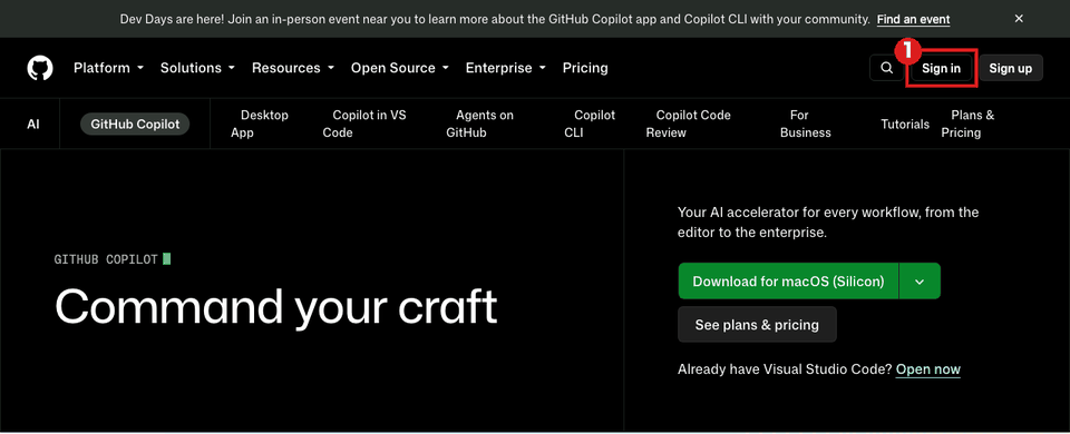 GitHub Copilot の公式ページ(パソコンの画面)。右上の「Sign in」ボタンを赤枠①で示している