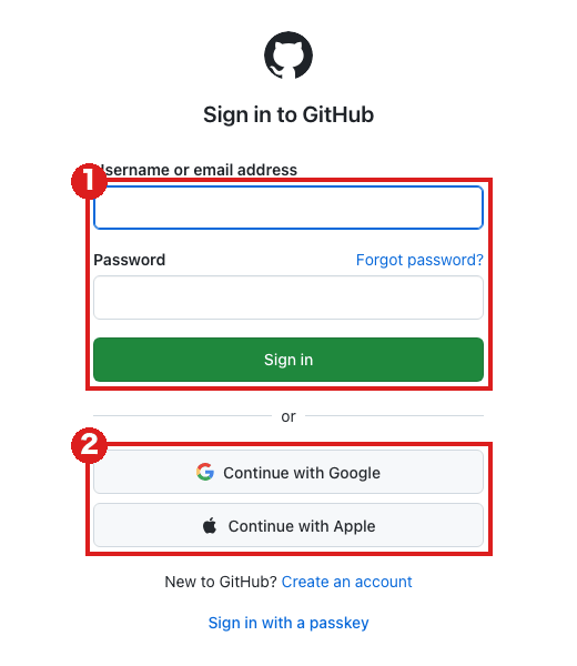 GitHub のサインイン画面(パソコン)。赤枠①はユーザー名・パスワードの入力欄と緑の「Sign in」、赤枠②は「Continue with Google」と「Continue with Apple」