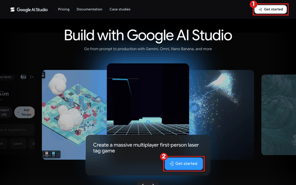 Google AI Studio のトップ画面（パソコン）。右上の「Get started」を赤枠①、中ほどの例文の枠にある青い「Get started」を赤枠②で示している