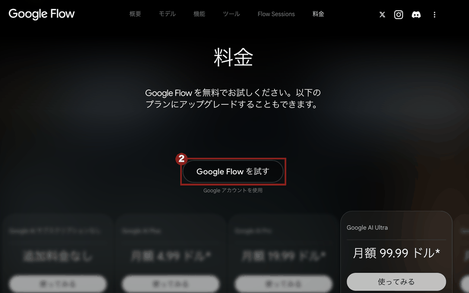 Google Flow の料金の節（パソコン）。赤枠②は「Google Flow を試す」のボタンで、下に「Google アカウントを使用」と書かれている