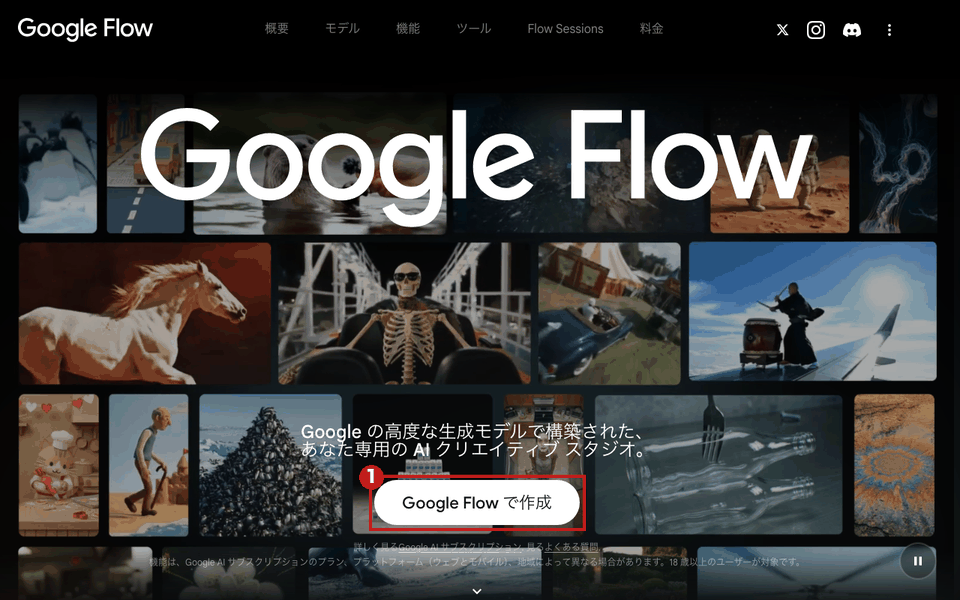 Google Flow のトップ画面（パソコン・日本語）。赤枠①は「Google Flow で作成」のボタン