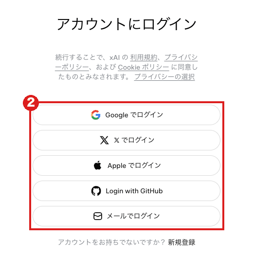 Grokの「アカウントにログイン」画面（パソコン）。Google・𝕏・Apple・GitHub・メールの5つのボタンを赤枠②で囲んでいる