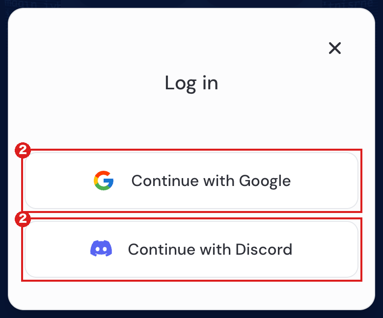 スマホの大きさで開いたMidjourneyの「Log in」ウィンドウ。画面の下から出て、「Continue with Google」と「Continue with Discord」の2つを赤枠②で示している