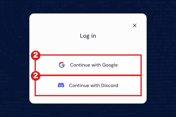 Midjourneyの「Log in」ウィンドウ（パソコン）。「Continue with Google」と「Continue with Discord」の2つが並び、どちらも赤枠②で示している