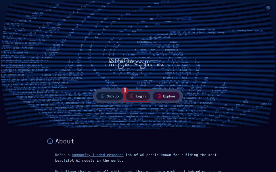 Midjourneyのトップ画面（パソコン）。中央の3つのボタンのうち、「Log in」を赤枠①で示している