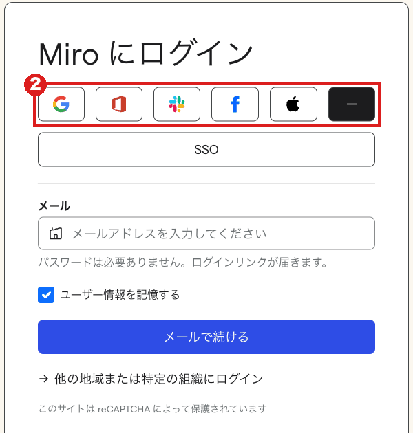 「＋」を押した後の「Miro にログイン」画面。赤枠②の中に、左から Google・Microsoft・Slack・Facebook・Apple のロゴだけのボタンと、元に戻す黒いボタンが並ぶ
