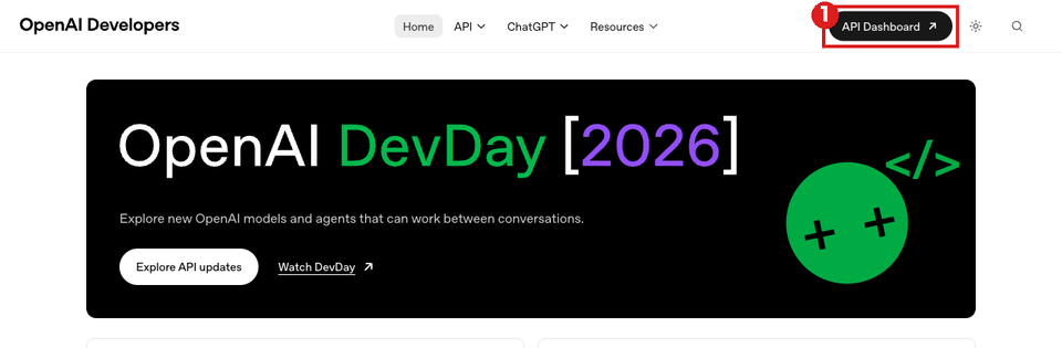 OpenAI Developers のトップ（パソコン）。右上の「API Dashboard」ボタンを赤枠①で示している。押すと platform.openai.com/login に移る