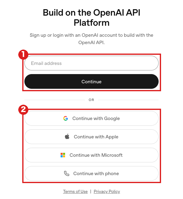 OpenAI API Platform のログイン画面（パソコン）。赤枠①はメールアドレスの入力欄と「Continue」、赤枠②は Google・Apple・Microsoft・電話で続ける4つのボタン