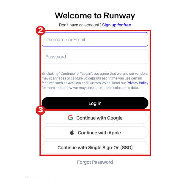 Runwayのログイン画面「Welcome to Runway」。赤枠②がメール・パスワードと「Log in」、赤枠③が「Continue with Google」「Continue with Apple」「Continue with Single Sign-On (SSO)」