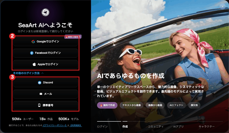 SeaArtのログイン画面（パソコン・日本語）。赤枠②はGoogle・Facebook・Appleの3つのボタン、赤枠③は「その他のログイン方法」を開いて出たDiscord・メール・携帯番号