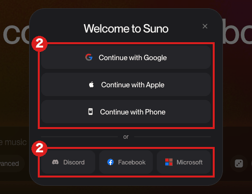 Sunoの「Welcome to Suno」ログイン画面（パソコン）。赤枠②は「Continue with Google」「Continue with Apple」「Continue with Phone」の3つと、下の段の「Discord」「Facebook」「Microsoft」