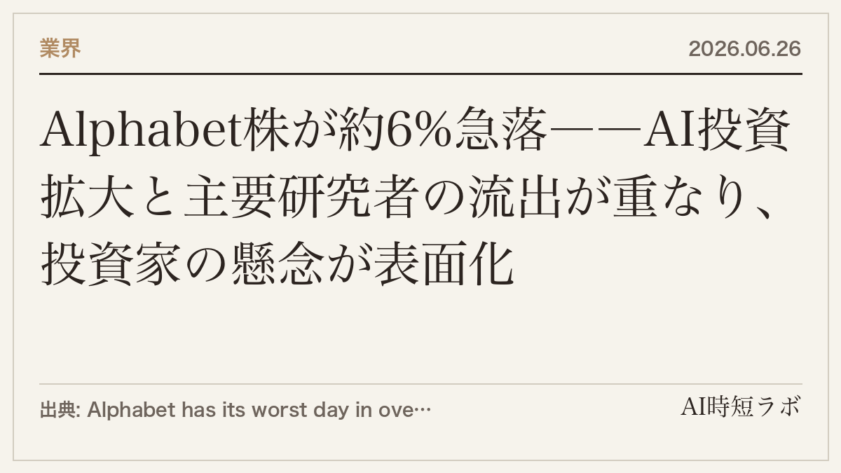 Alphabet株が約5%急落――AI投資拡大と主要研究者の流出が重なり、投資家の懸念が表面化の記事画像