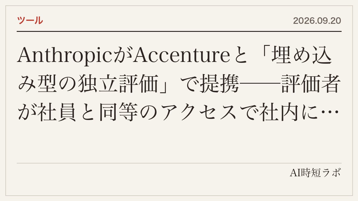 AnthropicがAccentureと「埋め込み型の独立評価」で提携──評価者が社員と同等のアクセスで社内に入り、学習中のモデルを見て、安全の約束が守られているかを検証し、事故を報告する。Accenture傘下のFacultyが主導し、評価・レッドチーム・アラインメント評価・安全装置の試験。両社が5年で各10億ドル以上。非独占でMETR等とも協議の記事画像