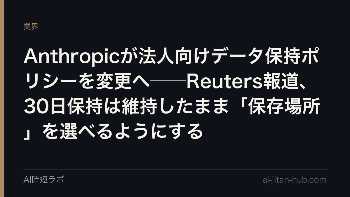 Anthropicが法人向けデータ保持ポリシーを変更へ──Reuters報道、30日保持は維持したまま「保存場所」を選べるようにするの記事画像