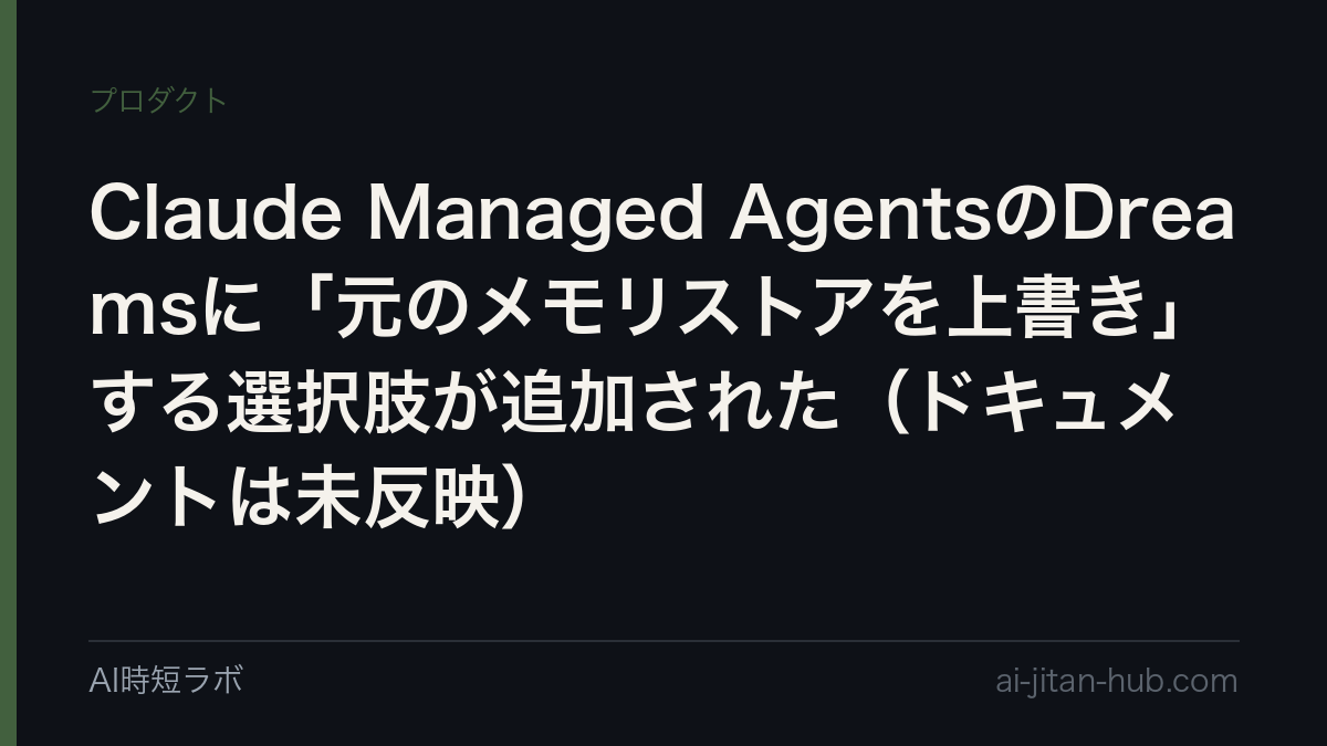 Claude Managed AgentsのDreamsに「元のメモリストアを上書き」する選択肢が追加された（ドキュメントは未反映）の記事画像
