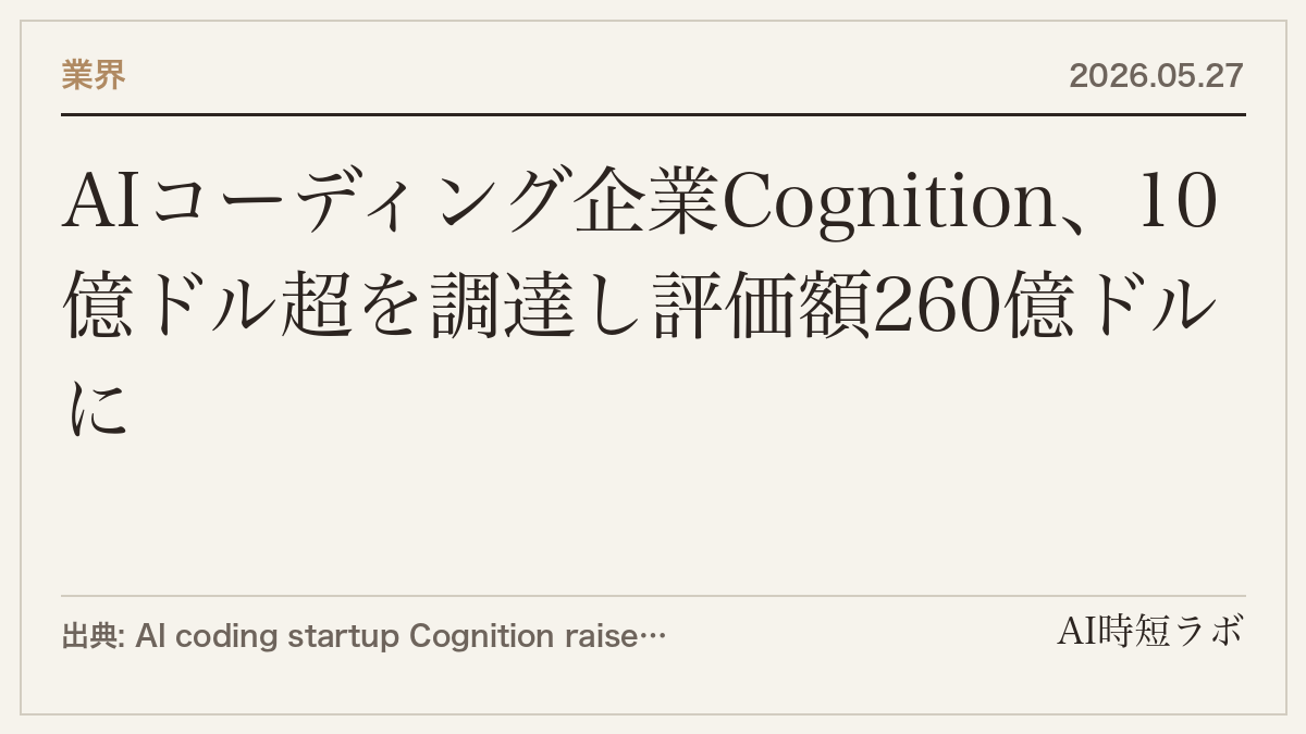 AIコーディング企業Cognition、10億ドル超を調達し評価額260億ドルにの記事画像