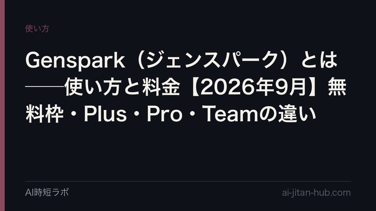 Genspark（ジェンスパーク）とは──使い方と料金【2026年9月版】。無料は1日100クレジット、Plus月$24.99（年払い$19.99）で10,000クレジット、Pro月$249.99で125,000クレジット、Team $30/席。9月18日に入った「無料利用枠」と、2027年1月に変わる「無制限」の条件の記事画像