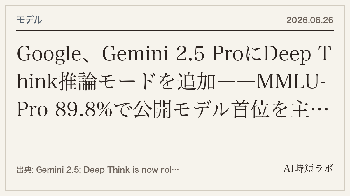 Google、Gemini 2.5 ProにDeep Think推論モードを追加──公式が主張するのはLiveCodeBenchとHLEでの最高性能、MMLU-Pro 89.8%はリンク切れ出典の未確認値の記事画像