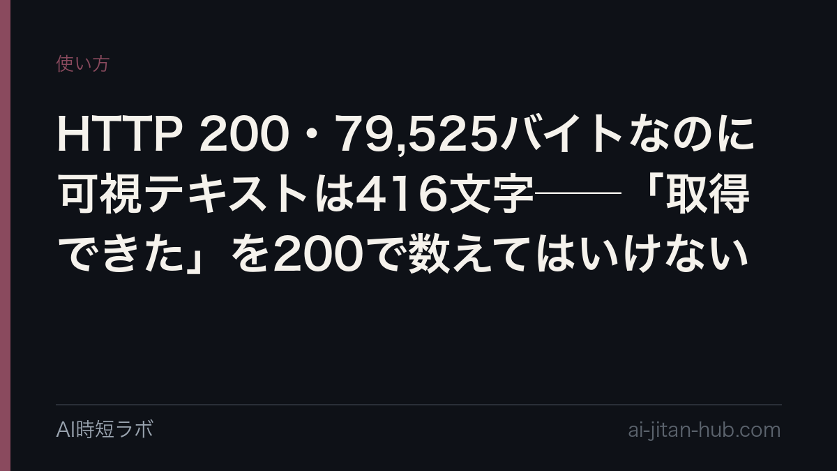 HTTP 200・79,525バイトなのに可視テキストは416文字──「取得できた」を200で数えてはいけないの記事画像