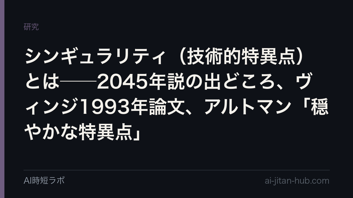 シンギュラリティ（技術的特異点）とは──言葉を広めた1993年のヴィンジ論文は「2005〜2030年」と書き、2045年説はカーツワイルの2005年の著書が出どころ。「2045年問題」は何を指し、2025年にアルトマンが言った「穏やかな特異点」はどう違うのか、当サイトの原文検証記事でたどるの記事画像