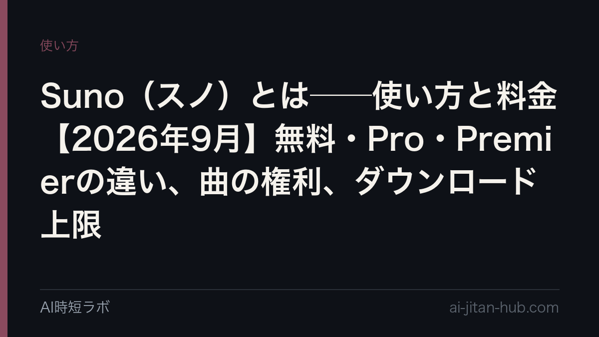 Suno（スノ）とは──使い方と料金【2026年9月版】。無料は1日50クレジットで商用不可・ダウンロードは生涯7回、Pro（年払い月$8）で2,500クレジット・月20曲、Premier（年払い月$24）で10,000クレジット・月60曲とSuno Studio。曲の権利は「誰のものか」を公式ヘルプで確認するの記事画像