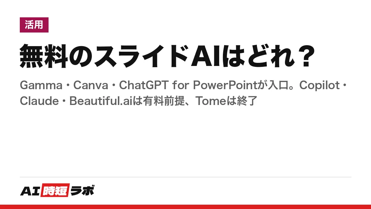 スライド作成 AI 無料でできるのは？──Gamma・Canva・ChatGPT for PowerPointが入口、Copilot・Claude・Beautiful.aiは有料前提、Tomeは終了。パワポ（.pptx）書き出しの可否を目的別に【2026年10月版】の記事画像