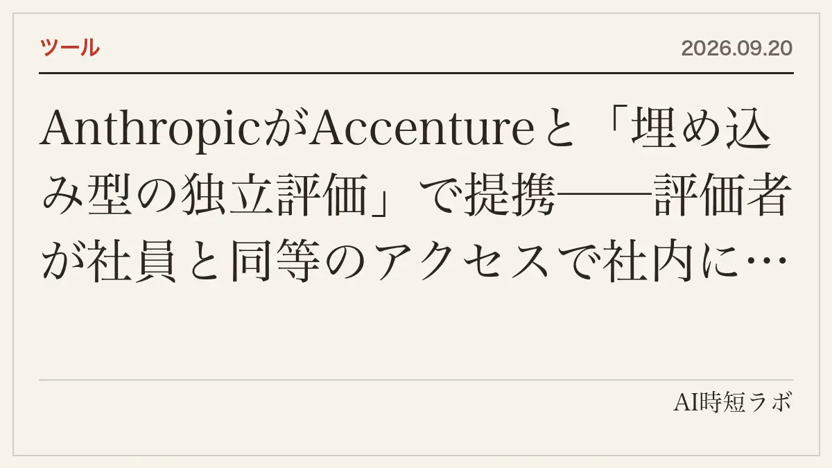 AnthropicがAccentureと「埋め込み型の独立評価」で提携──評価者が社員と同等のアクセスで社内に入り、学習中のモデルを見て、安全の約束が守られているかを検証し、事故を報告する。Accenture傘下のFacultyが主導し、評価・レッドチーム・アラインメント評価・安全装置の試験。両社が5年で各10億ドル以上。非独占でMETR等とも協議の記事画像