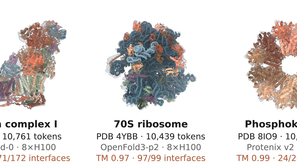 Anthropic、Claudeがオープンソースの生体分子モデル30超を4週間弱で平均約4倍高速化──三角注意のカーネル「FlashPairformer」は既存標準比2.7〜2.9倍、「Big」モードで1万トークン超のリボソーム等を1ノードで予測。結合タンパク質の設計はH200 1枚・約150ドルで前回（GPU時間100分の1）と同等。Adaptyv Bioと設計コンペ、クレジット最大100万ドルの記事画像