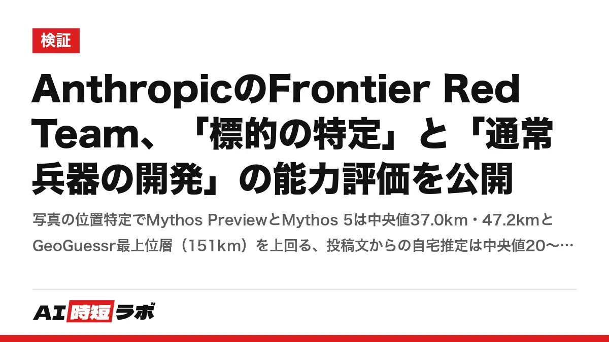 AnthropicのFrontier Red Team、「標的の特定」と「通常兵器の開発」の能力評価を公開──写真の位置特定でMythos PreviewとMythos 5は中央値37.0km・47.2kmとGeoGuessr最上位層（151km）を上回る、投稿文からの自宅推定は中央値20〜31km、3.7万語の分析を約11分。模擬ドローンの誘導もコードで改善の記事画像