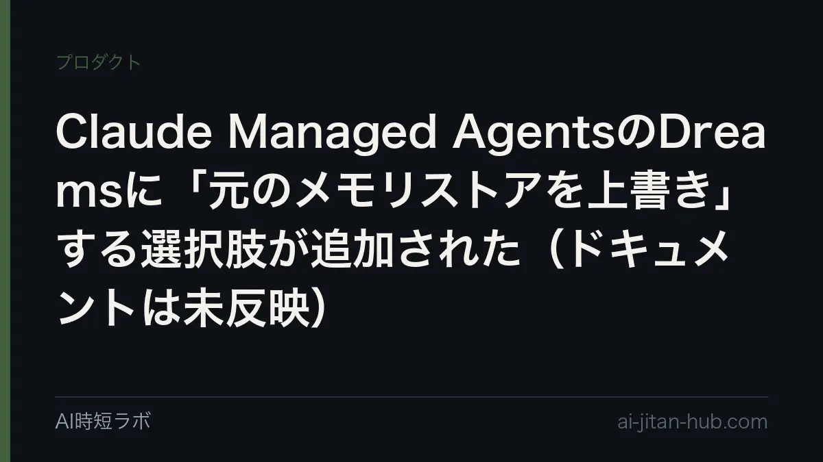 Claude Managed AgentsのDreamsに「元のメモリストアを上書き」する選択肢が追加された（ドキュメントは未反映）の記事画像
