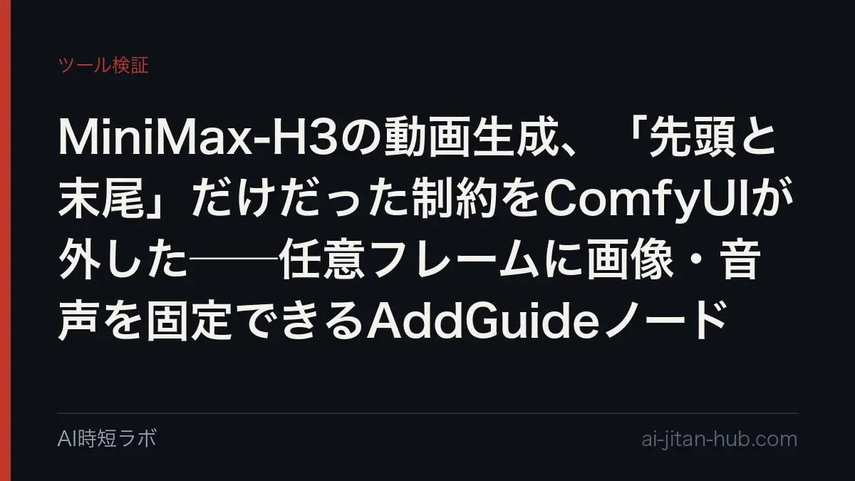 MiniMax-H3の動画生成、「先頭と末尾」だけだった制約をComfyUIが外した──任意フレームに画像・音声を固定できるAddGuideノードの記事画像