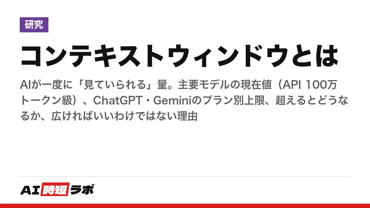 コンテキストウィンドウとは──AIが一度に「見ていられる」量。主要モデルの現在値（API 100万トークン級）、ChatGPT・Geminiのプラン別上限、超えるとどうなるか、広ければいいわけではない理由の記事画像