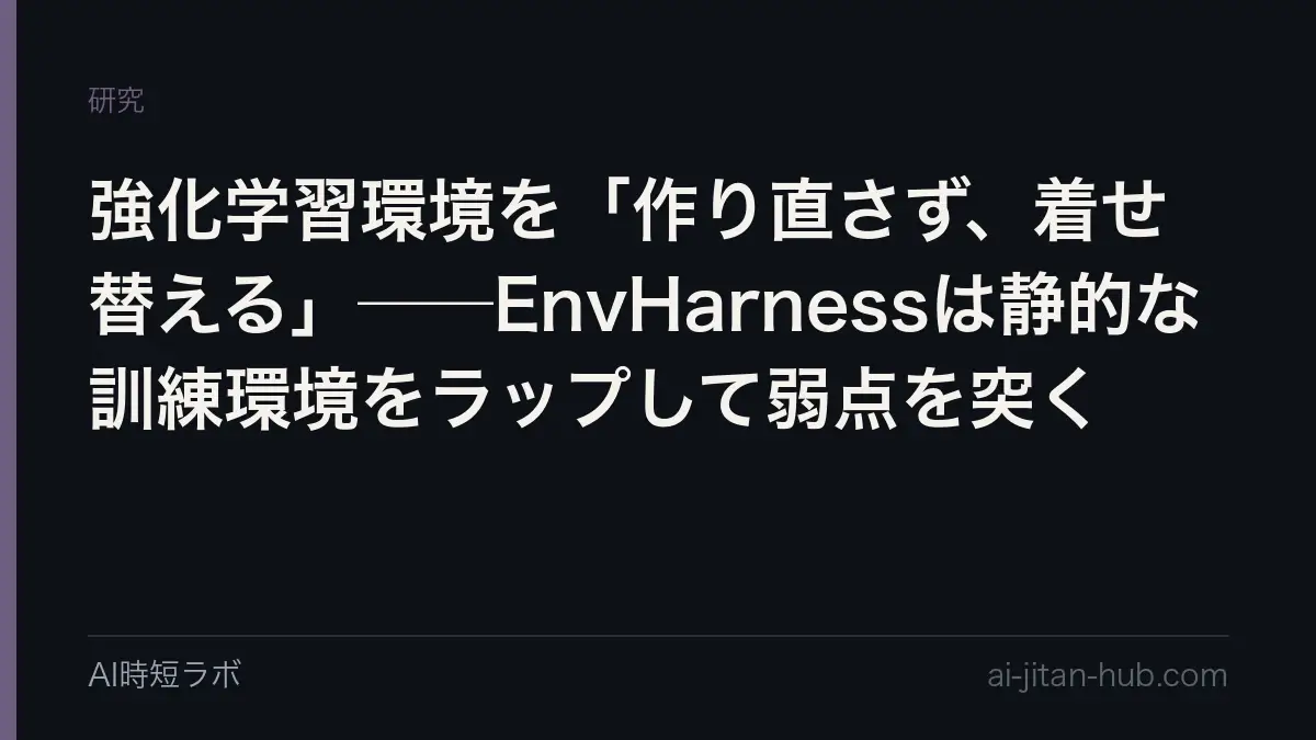 強化学習環境を「作り直さず、着せ替える」──EnvHarnessは静的な訓練環境をラップして弱点を突くの記事画像
