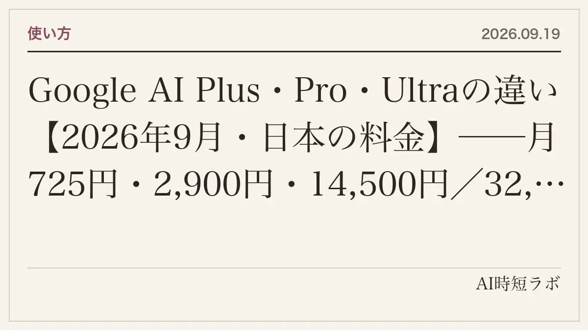 Google AI Plus・Pro・Ultraの違い【2026年9月・日本の料金】──月725円・2,900円・14,500円／32,000円で何が変わるか、Geminiの使用量上限（2倍・4倍・Proの5倍／20倍）、ストレージ、YouTube Premium、学生の1年無料の記事画像