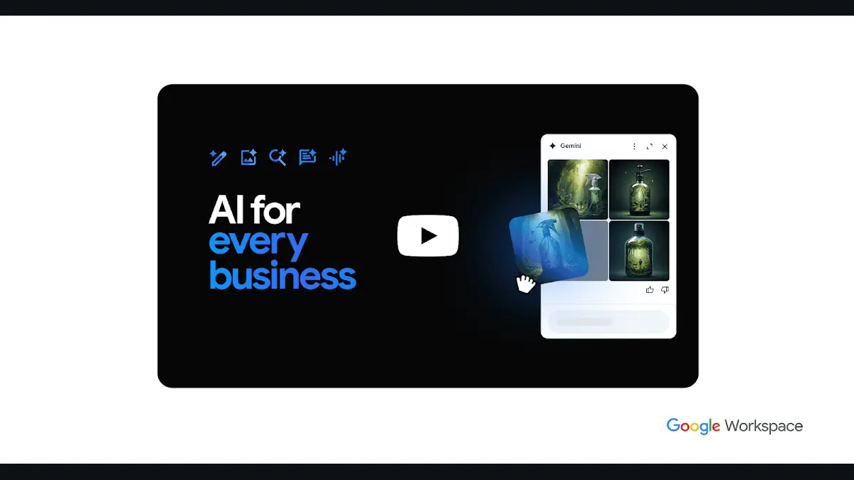 Google Workspaceの公式AI紹介画像(「AI for every business」の文字とGeminiのパネル)