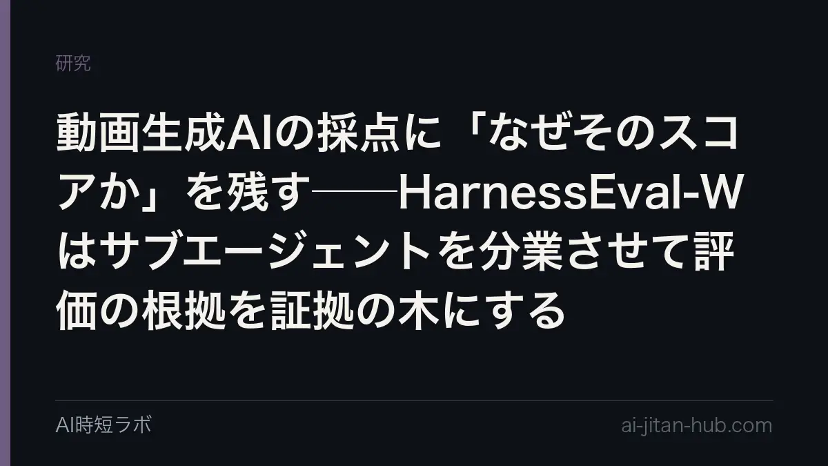 動画生成AIの採点に「なぜそのスコアか」を残す──HarnessEval-Wはサブエージェントを分業させて評価の根拠を証拠の木にするの記事画像