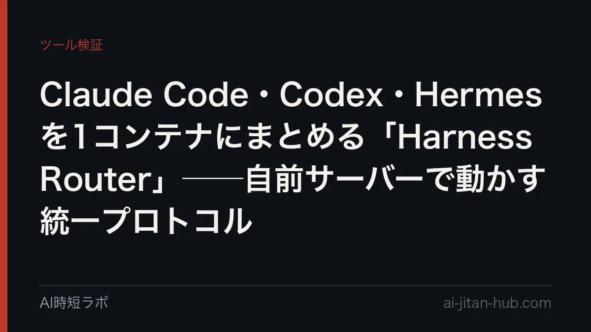 Claude Code・Codex・Hermesを1コンテナにまとめる「HarnessRouter」──自前サーバーで動かす統一プロトコルの記事画像