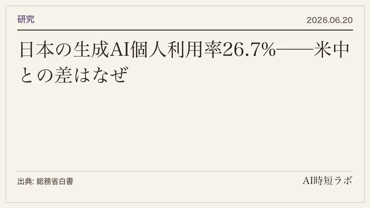 日本の生成AI個人利用率26.7%──米中との差はなぜ縮まらないのかの記事画像